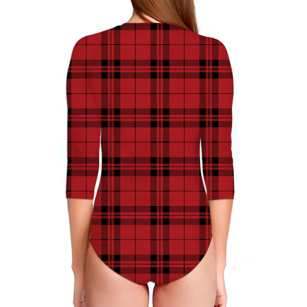 Red And Black Tartan Pattern Print Long Sleeve Swimsuit