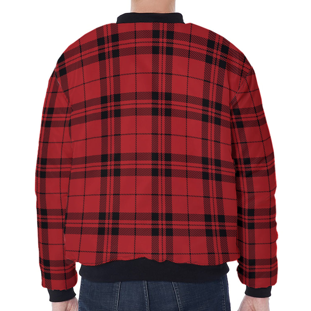 Red And Black Tartan Pattern Print Zip Sleeve Bomber Jacket