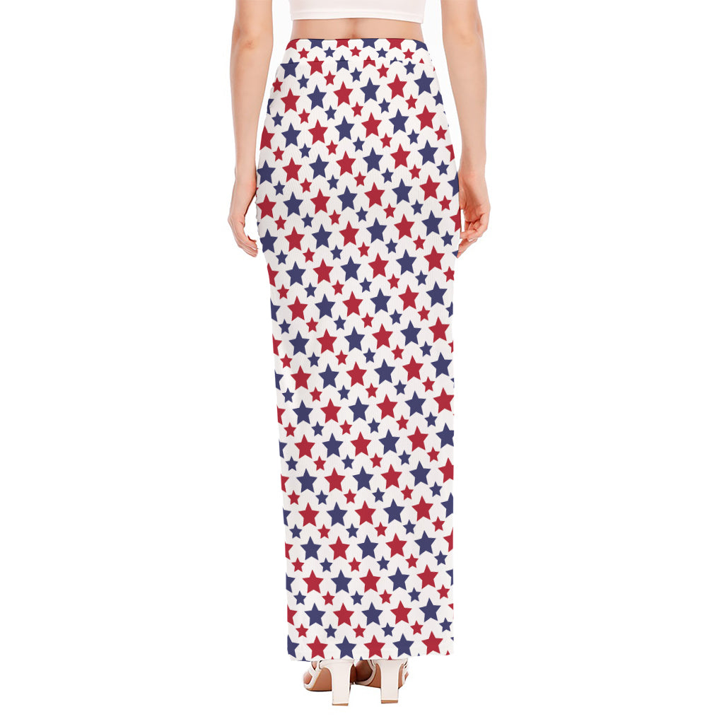 Red And Blue American Star Pattern Print High Slit Maxi Skirt