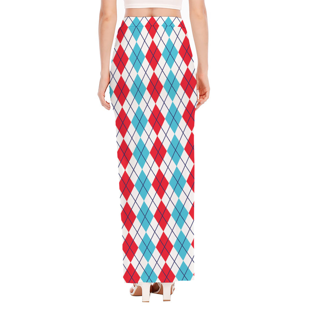 Red And Blue Argyle Pattern Print High Slit Maxi Skirt