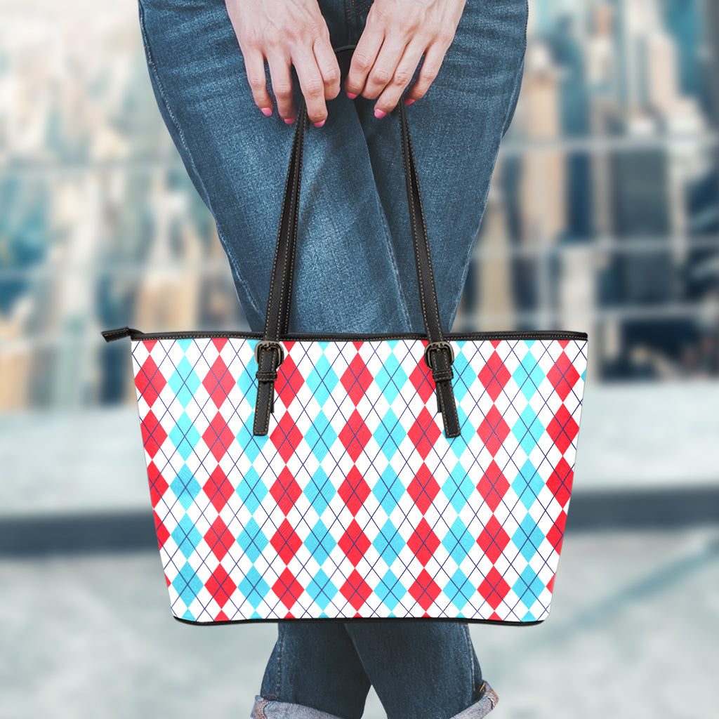 Red And Blue Argyle Pattern Print Leather Tote Bag