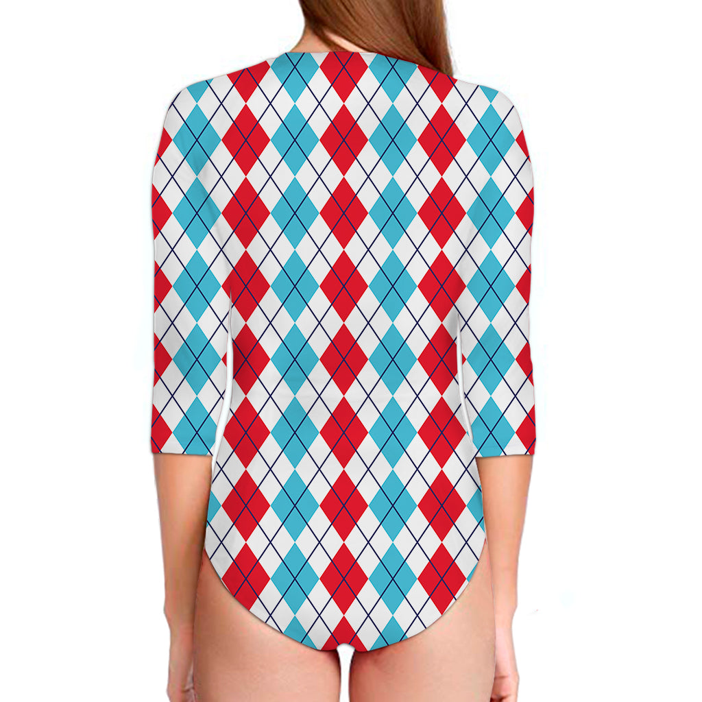 Red And Blue Argyle Pattern Print Long Sleeve Swimsuit