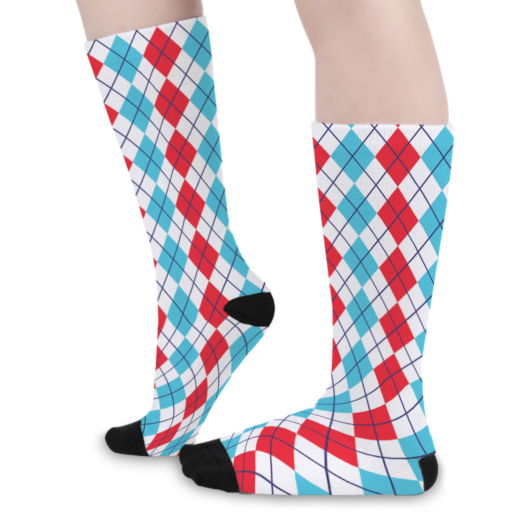Red And Blue Argyle Pattern Print Long Socks