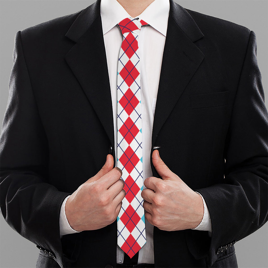 Red And Blue Argyle Pattern Print Necktie