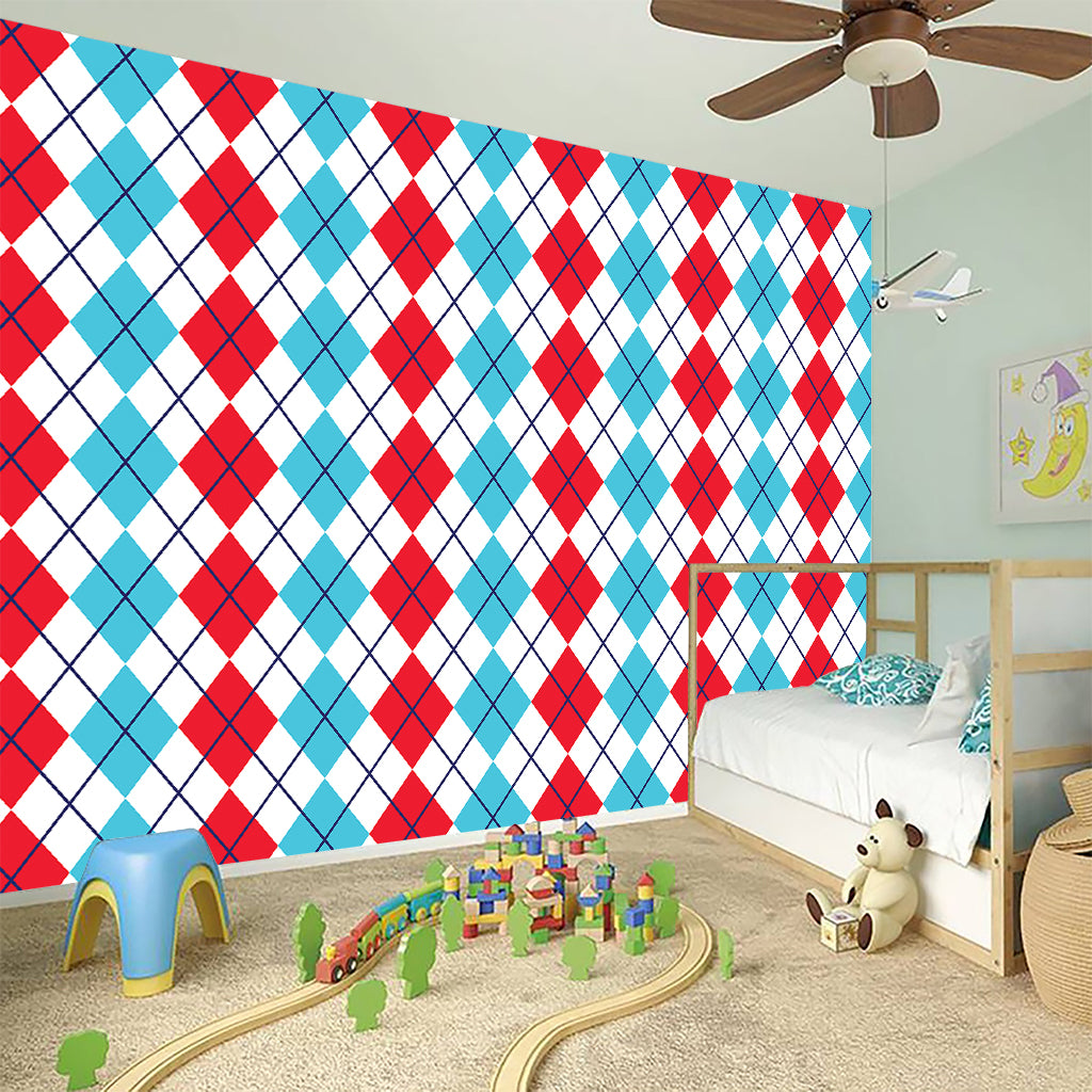 Red And Blue Argyle Pattern Print Wall Sticker