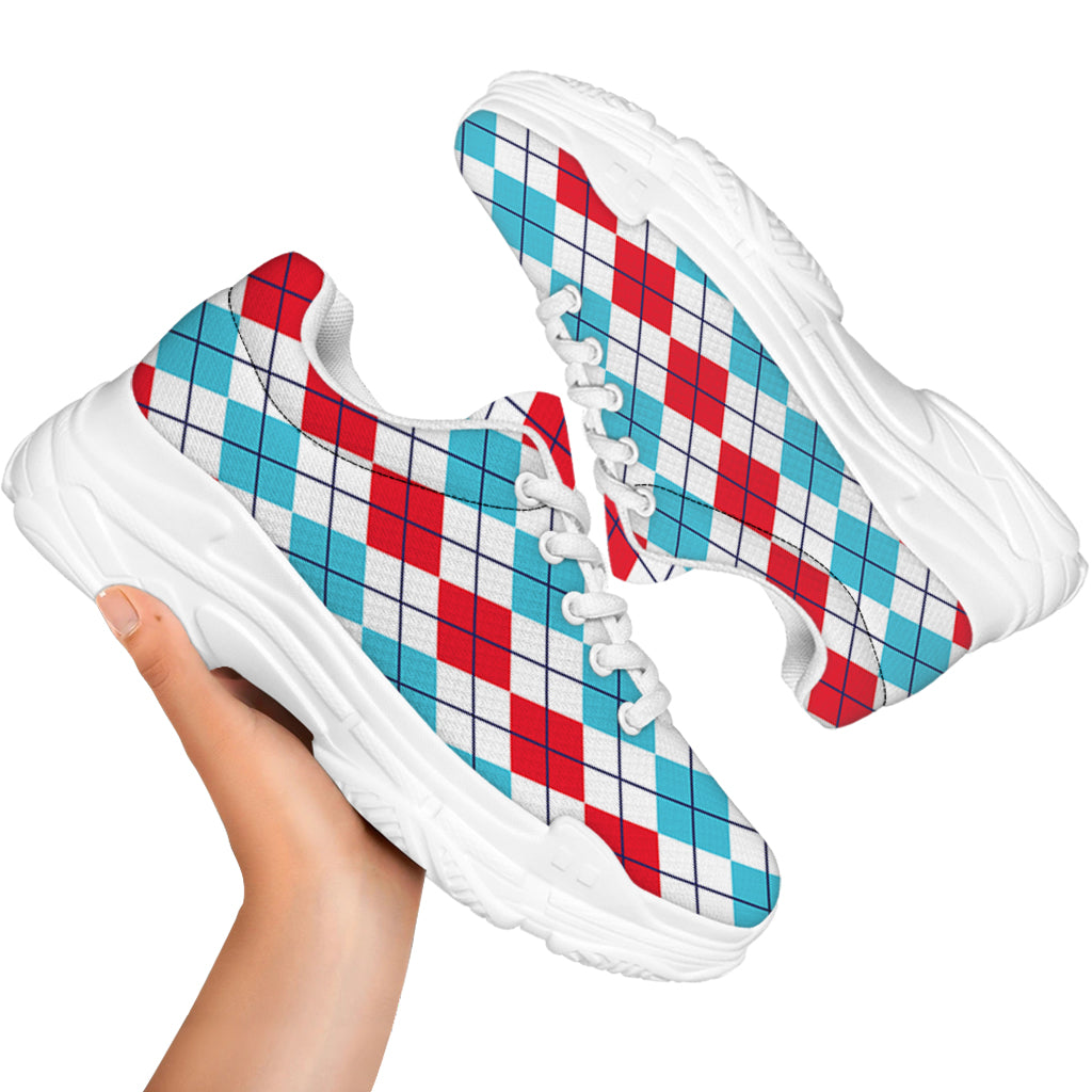 Red And Blue Argyle Pattern Print White Chunky Shoes