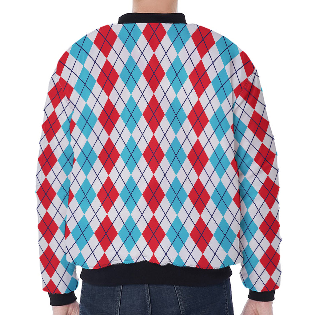 Red And Blue Argyle Pattern Print Zip Sleeve Bomber Jacket