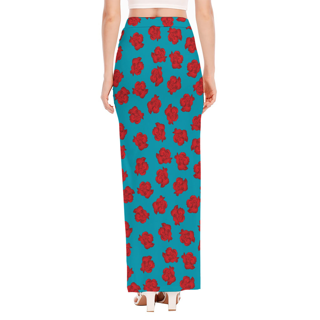 Red And Blue Carnation Pattern Print High Slit Maxi Skirt