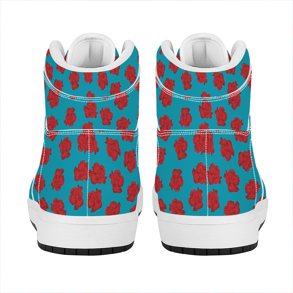 Red And Blue Carnation Pattern Print High Top Leather Sneakers