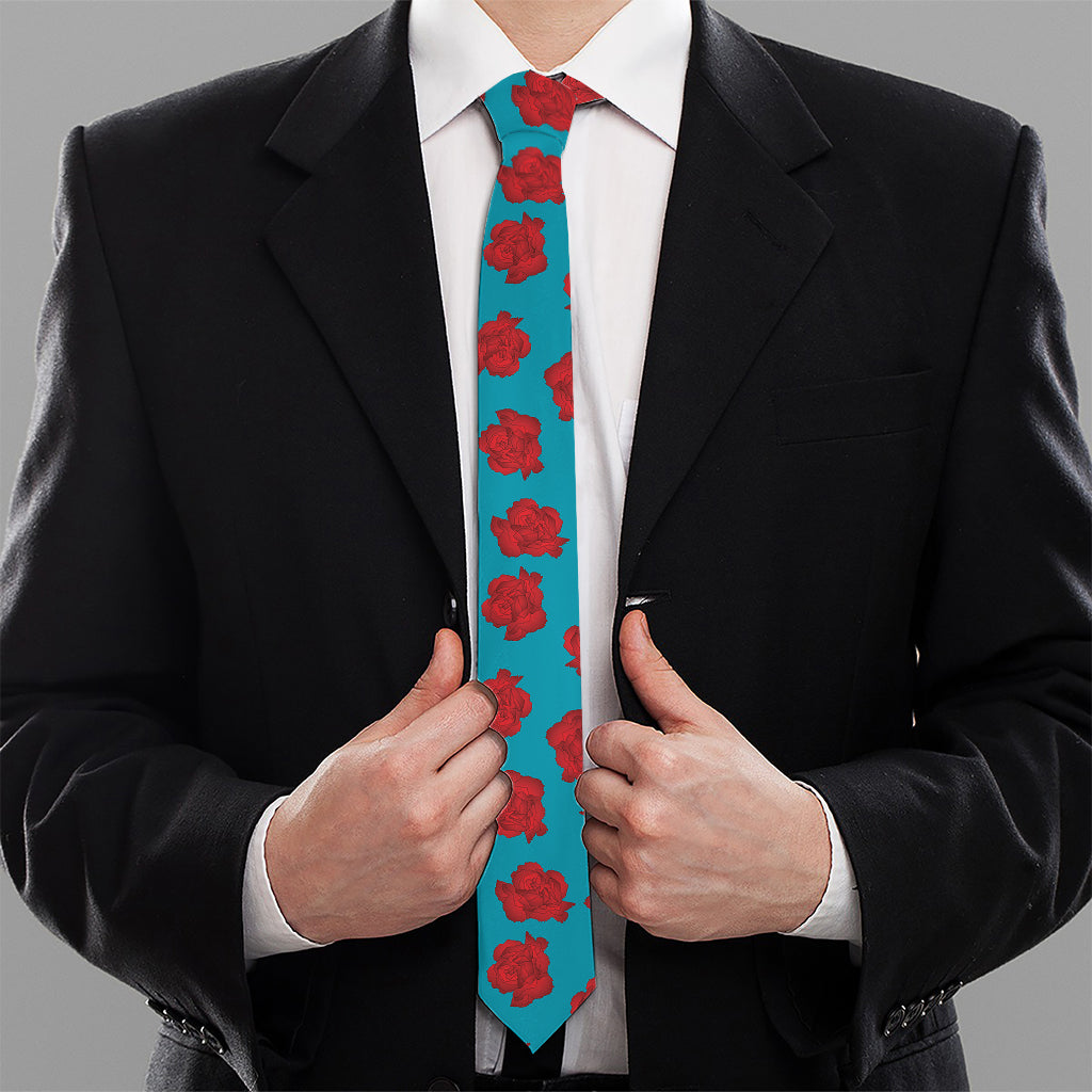Red And Blue Carnation Pattern Print Necktie