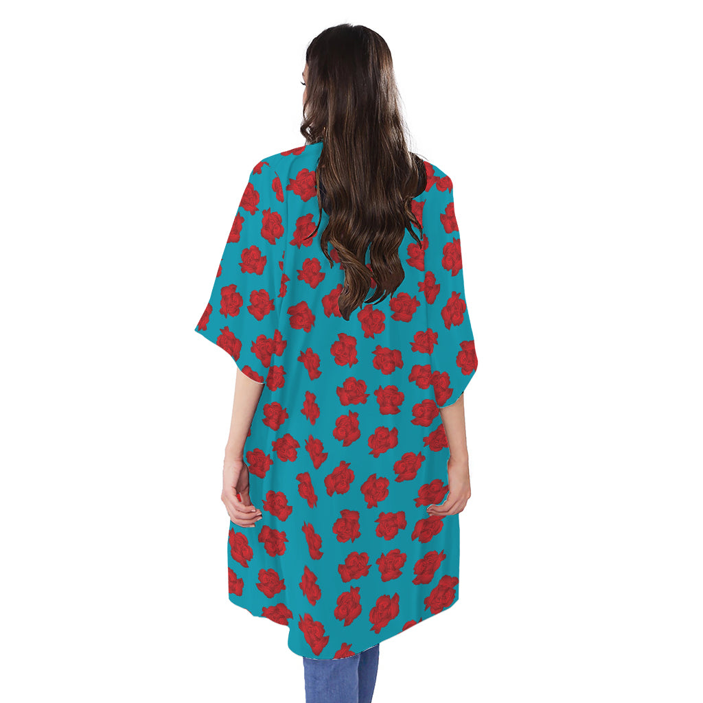 Red And Blue Carnation Pattern Print Open Front Beach Cover Up