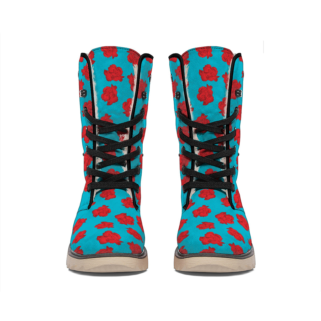 Red And Blue Carnation Pattern Print Winter Boots