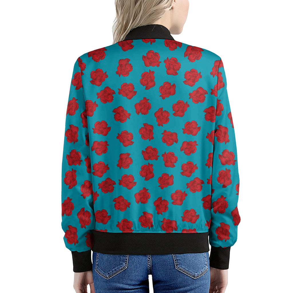 Red And Blue Carnation Pattern Print Women's Bomber Jacket