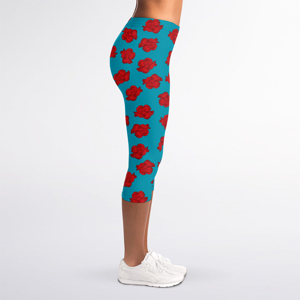 Red And Blue Carnation Pattern Print Women's Capri Leggings