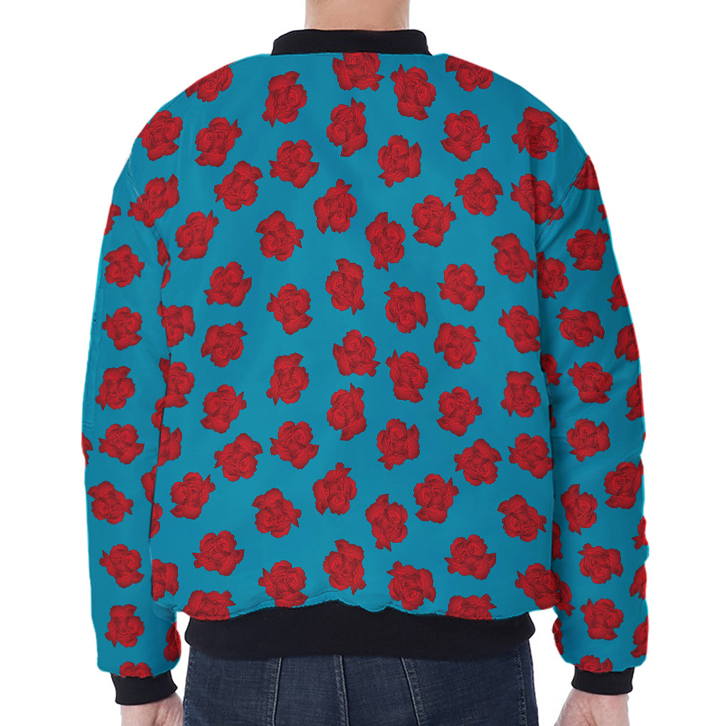 Red And Blue Carnation Pattern Print Zip Sleeve Bomber Jacket