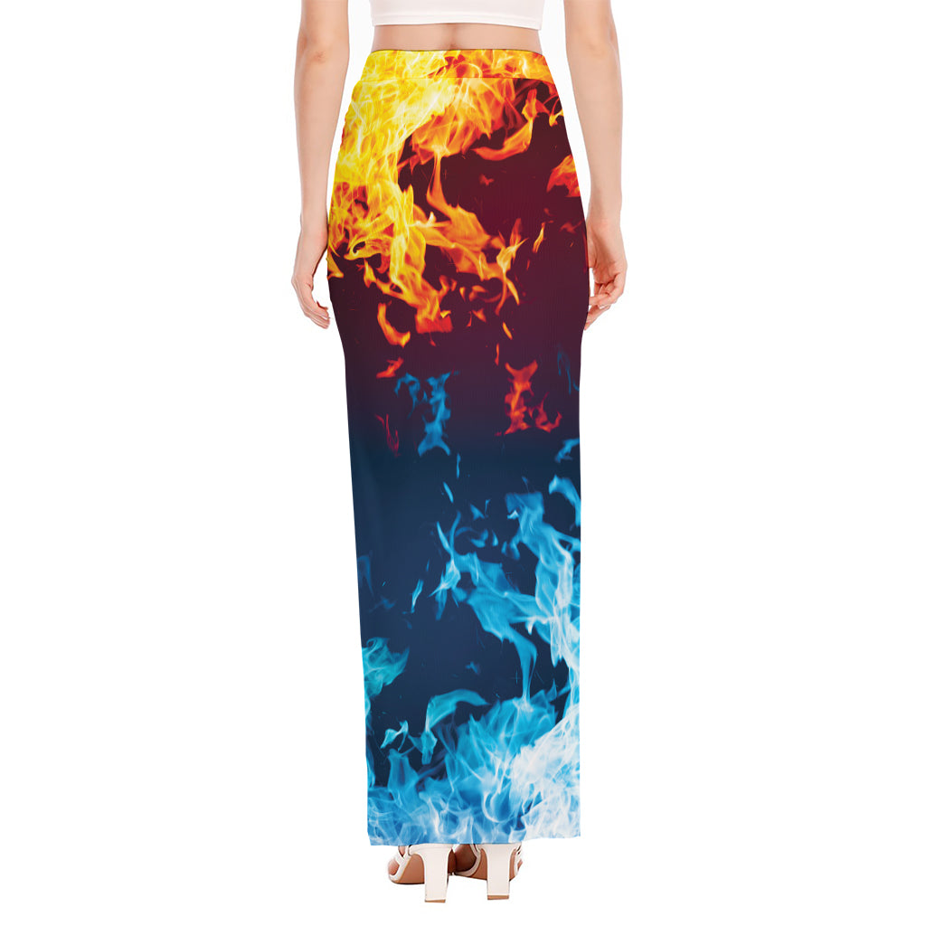 Red And Blue Fire Print High Slit Maxi Skirt