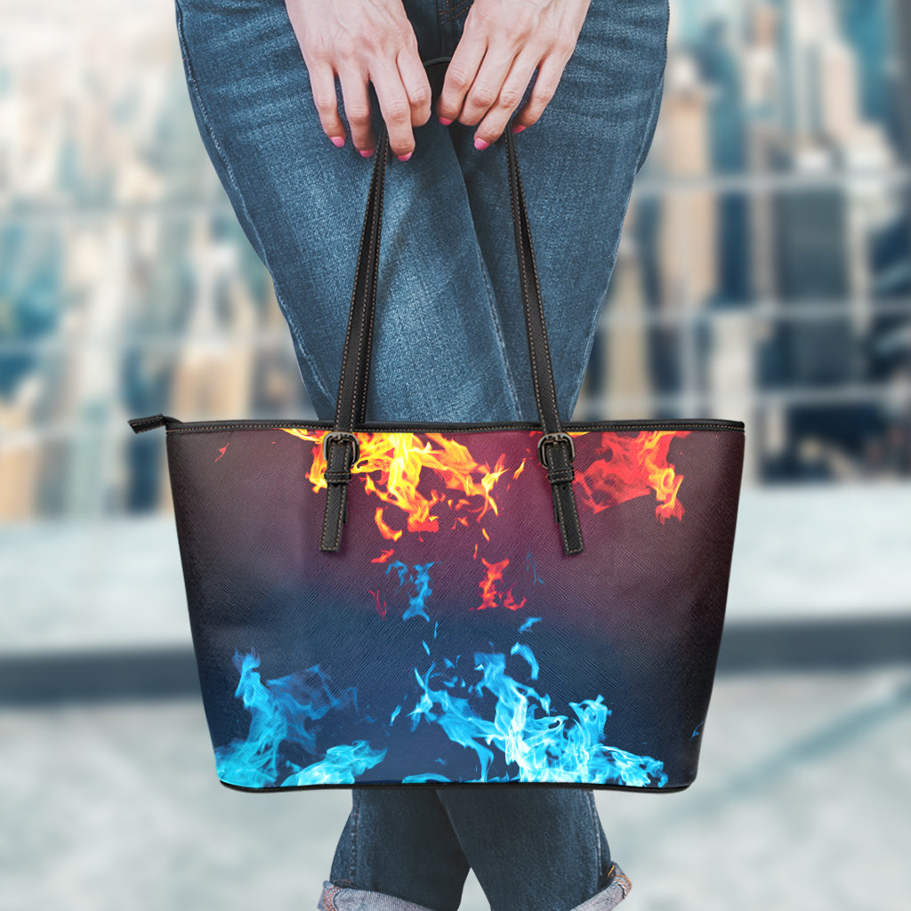 Red And Blue Fire Print Leather Tote Bag