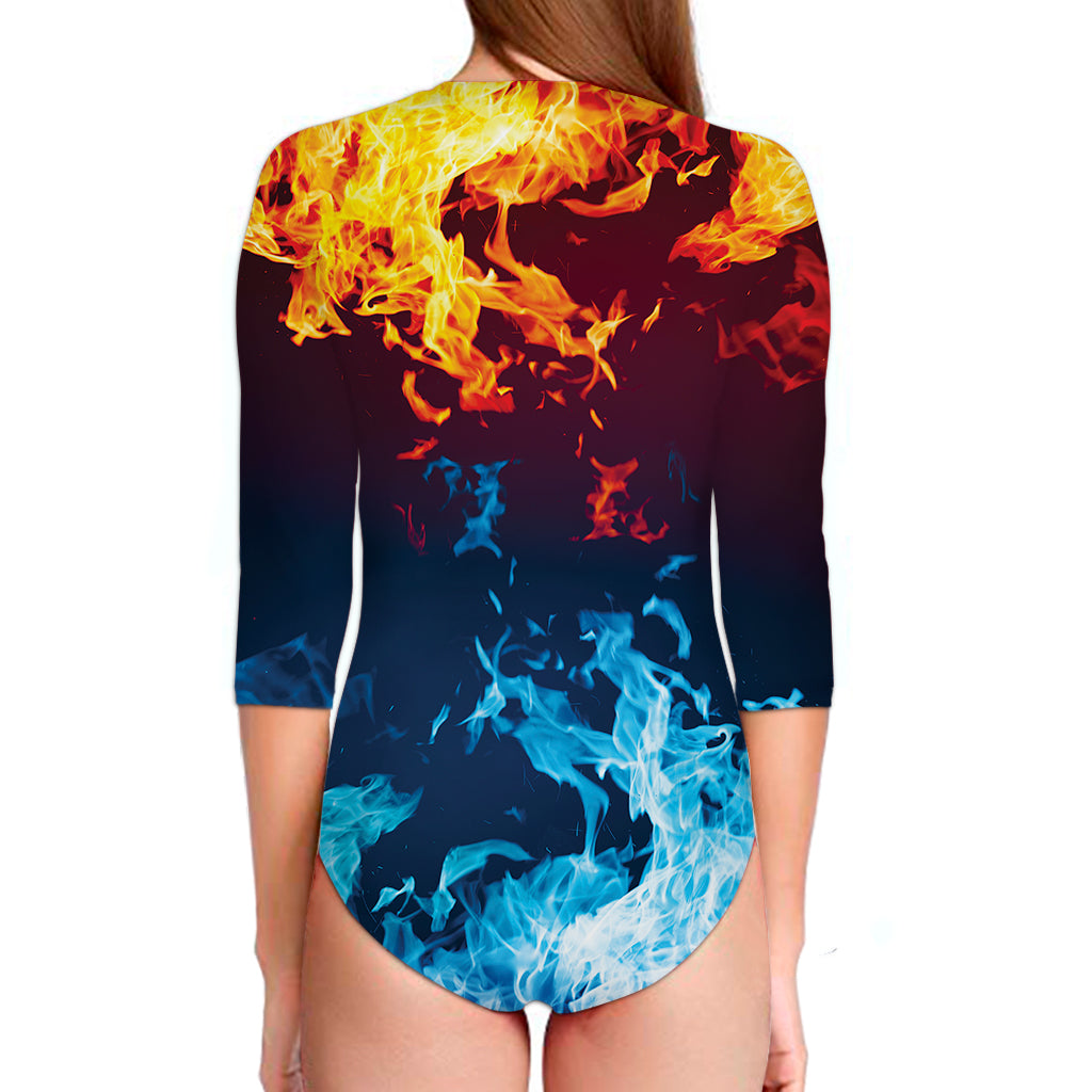 Red And Blue Fire Print Long Sleeve Swimsuit