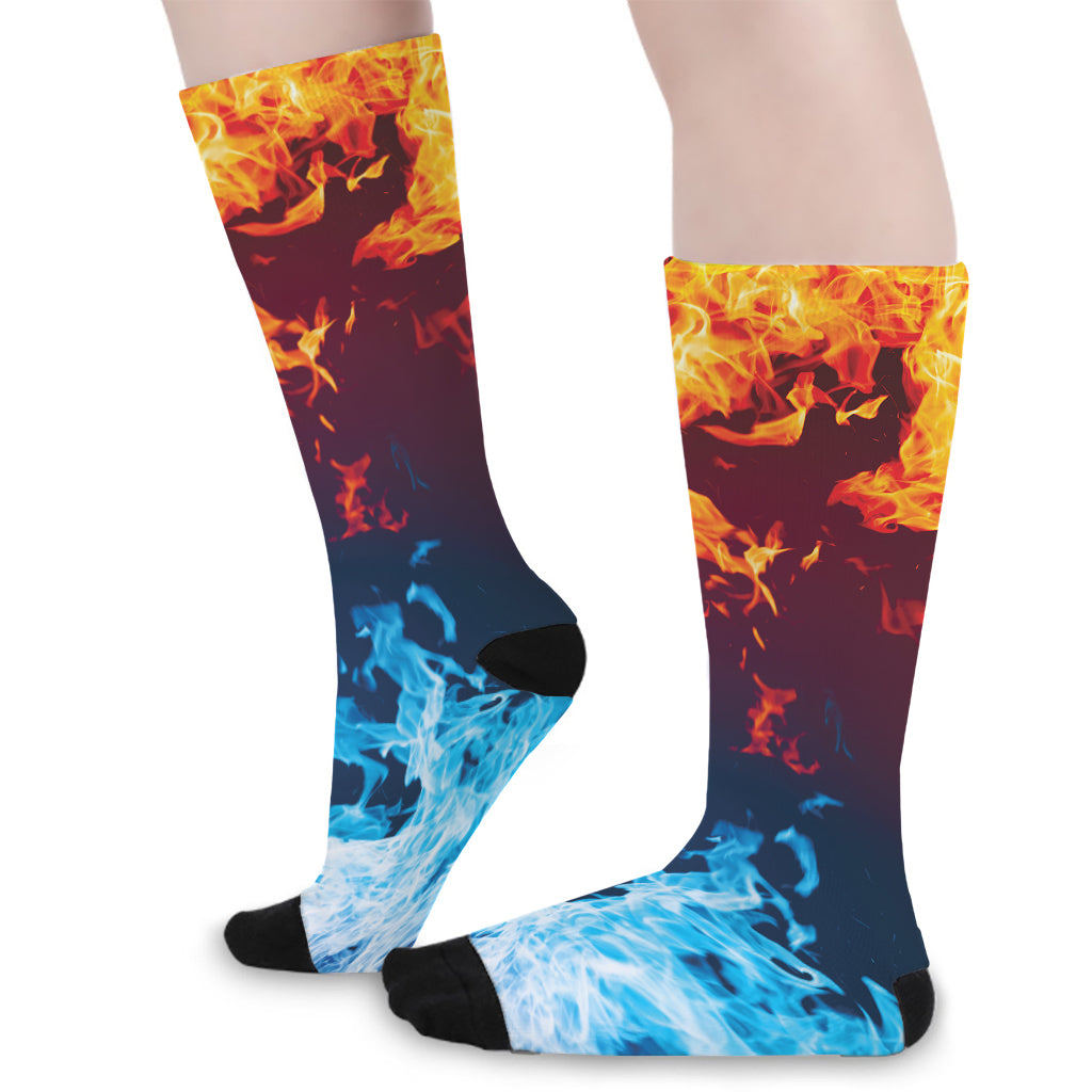Red And Blue Fire Print Long Socks