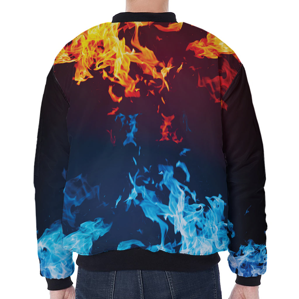 Red And Blue Fire Print Zip Sleeve Bomber Jacket