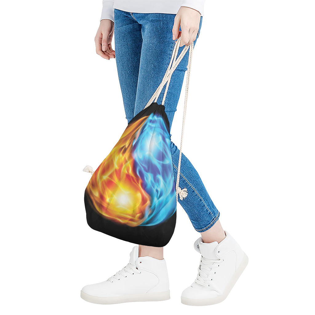 Red And Blue Fire Yin Yang Print Drawstring Bag