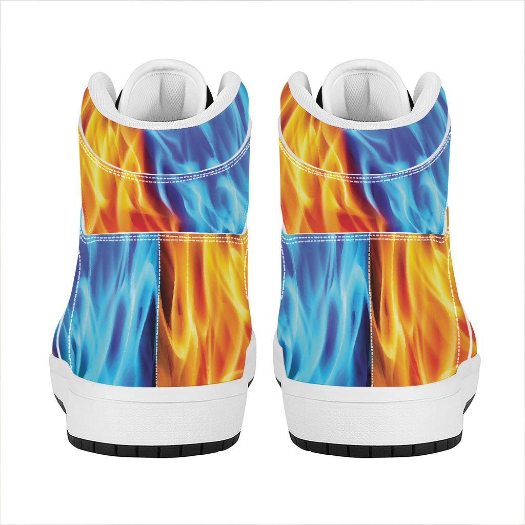 Red And Blue Fire Yin Yang Print High Top Leather Sneakers