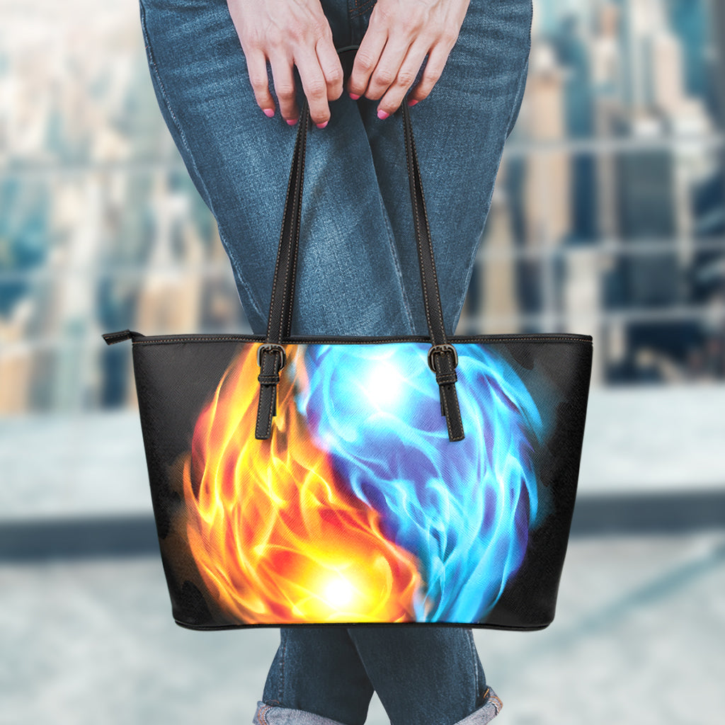 Red And Blue Fire Yin Yang Print Leather Tote Bag