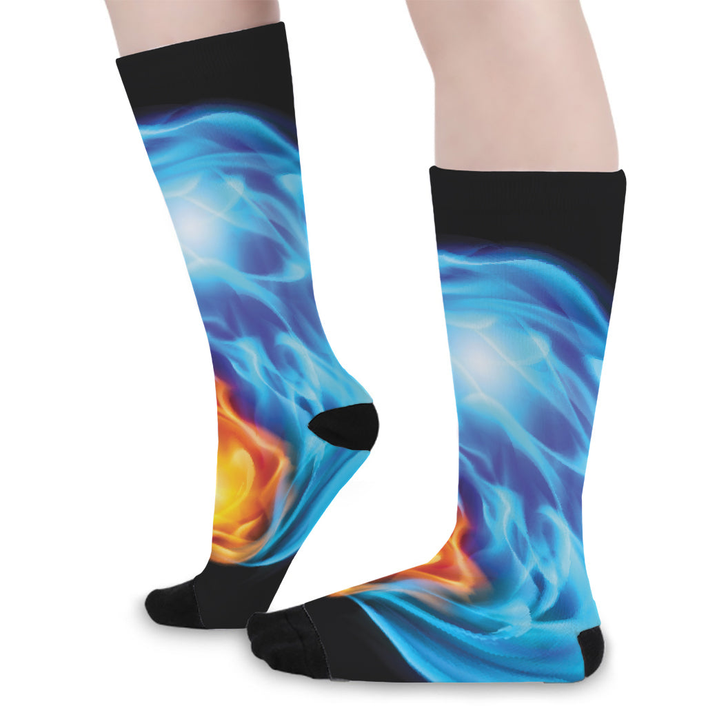 Red And Blue Fire Yin Yang Print Long Socks