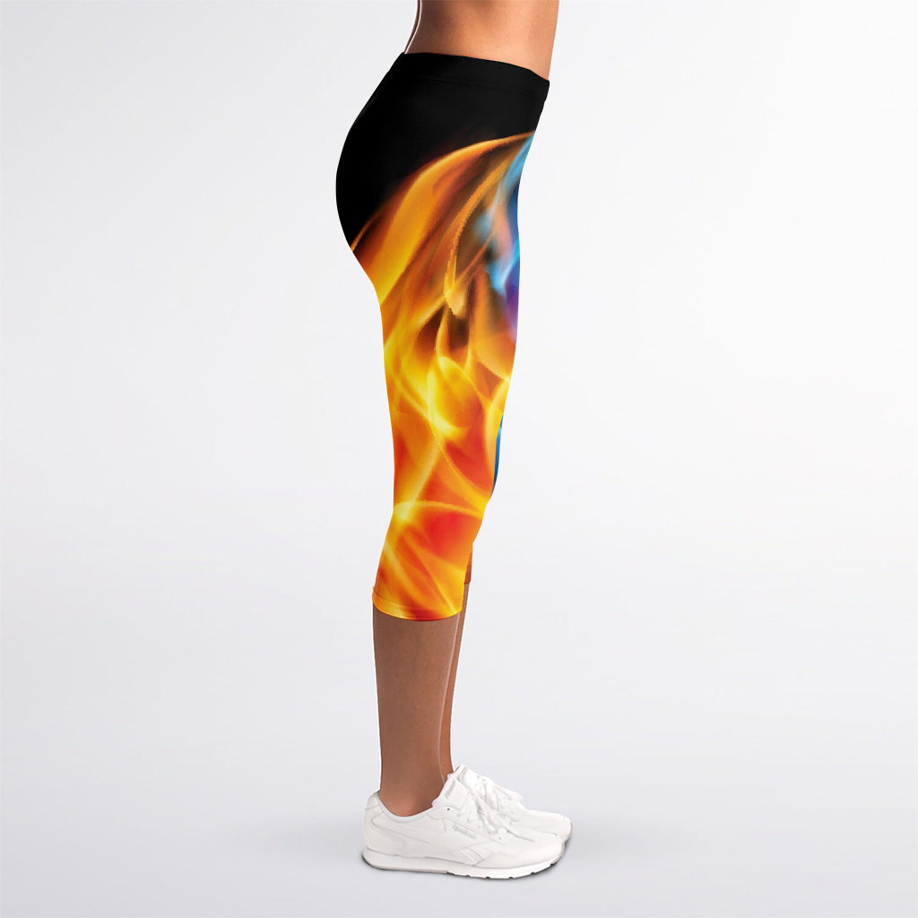 Red And Blue Fire Yin Yang Print Women's Capri Leggings