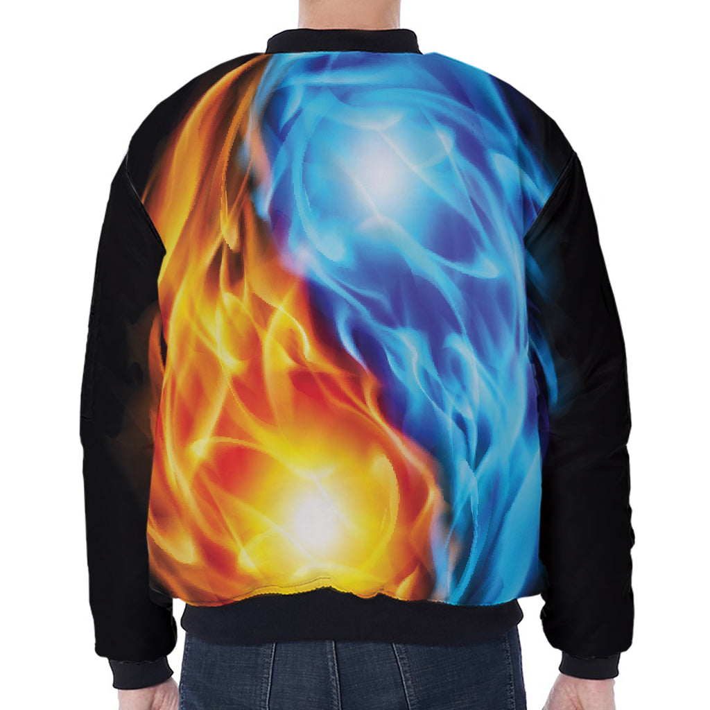 Red And Blue Fire Yin Yang Print Zip Sleeve Bomber Jacket