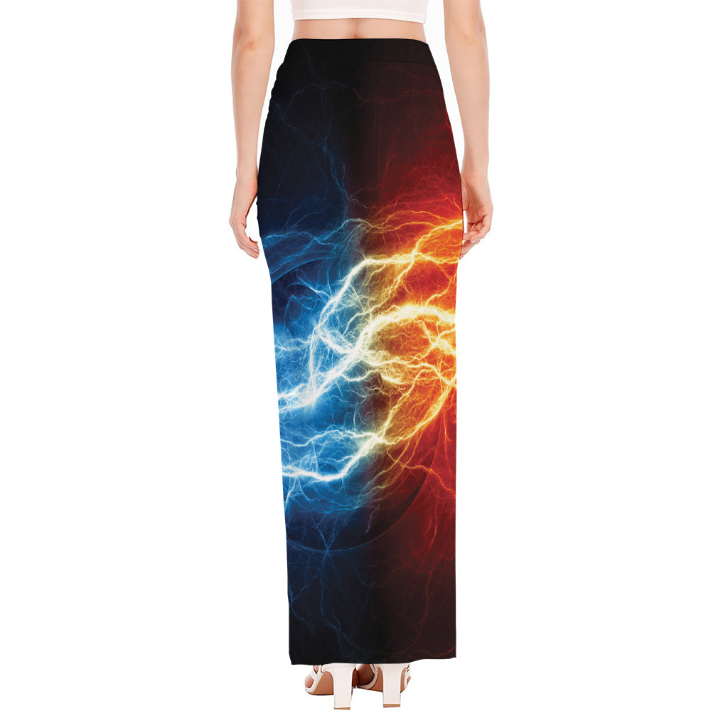 Red And Blue Lightning Print High Slit Maxi Skirt