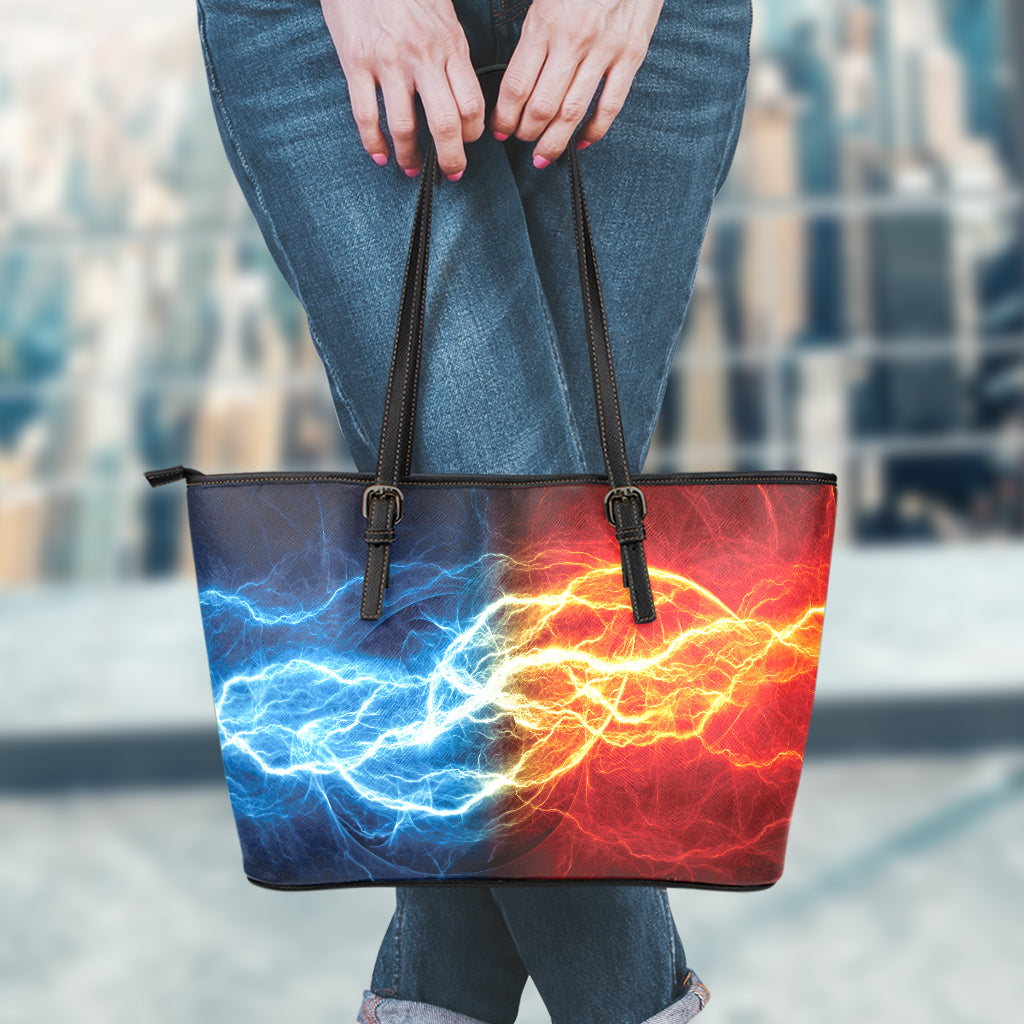 Red And Blue Lightning Print Leather Tote Bag