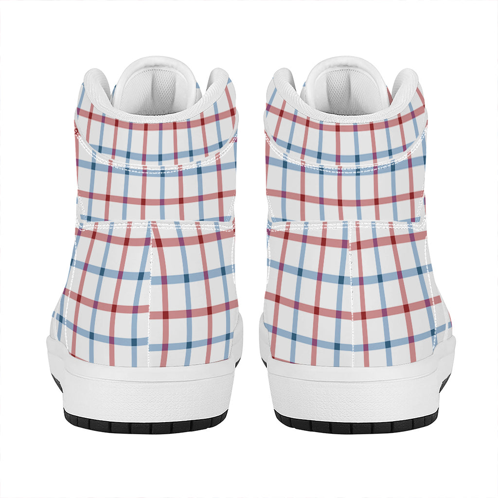 Red And Blue Tattersall Pattern Print High Top Leather Sneakers
