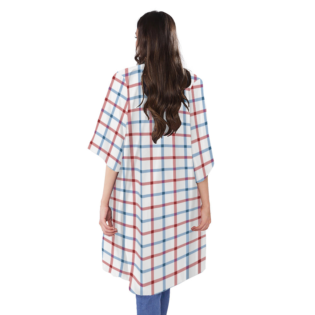 Red And Blue Tattersall Pattern Print Open Front Beach Cover Up