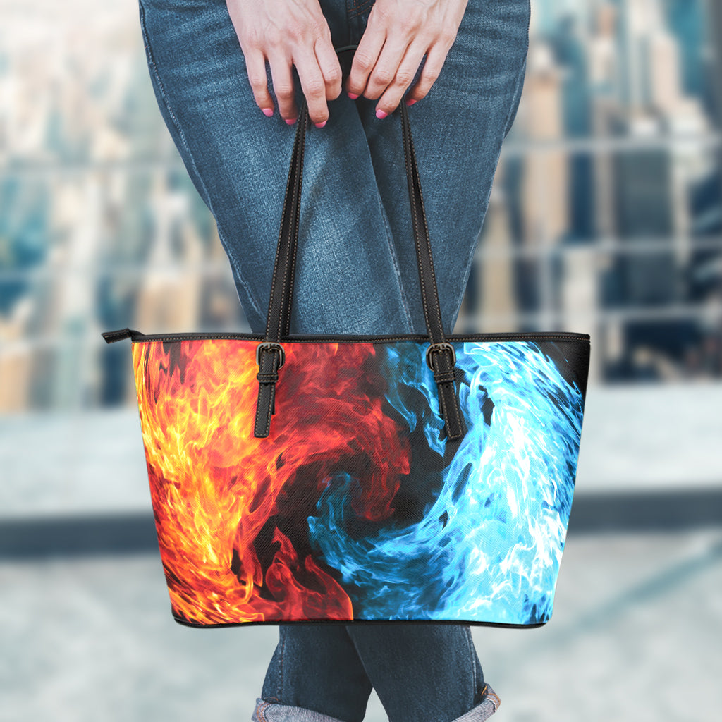 Red And Blue Twin Flame Print Leather Tote Bag