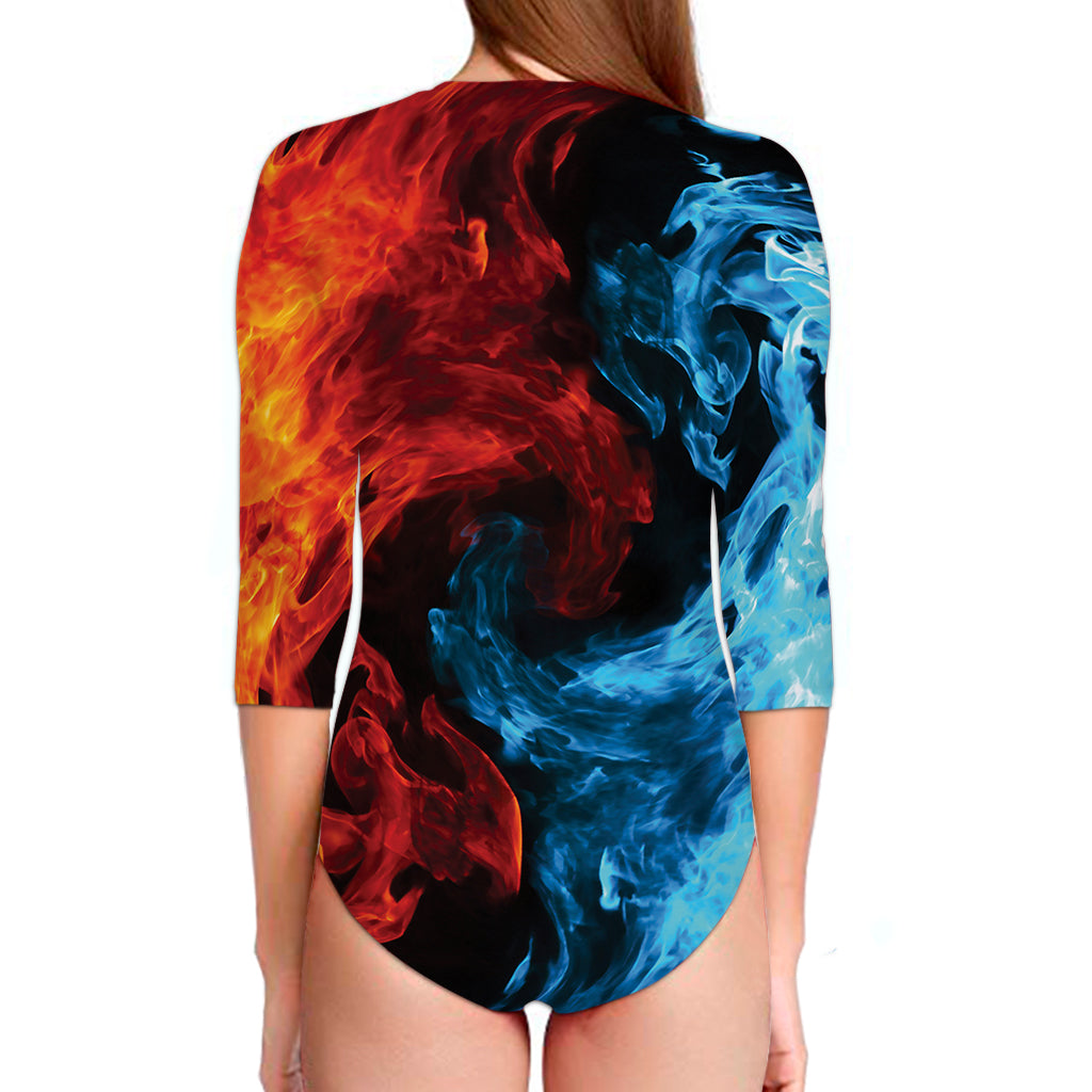 Red And Blue Twin Flame Print Long Sleeve Swimsuit
