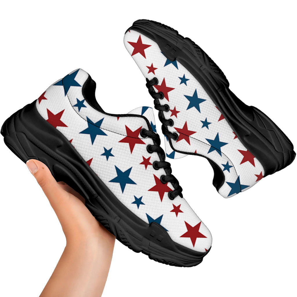 Red And Blue USA Star Pattern Print Black Chunky Shoes