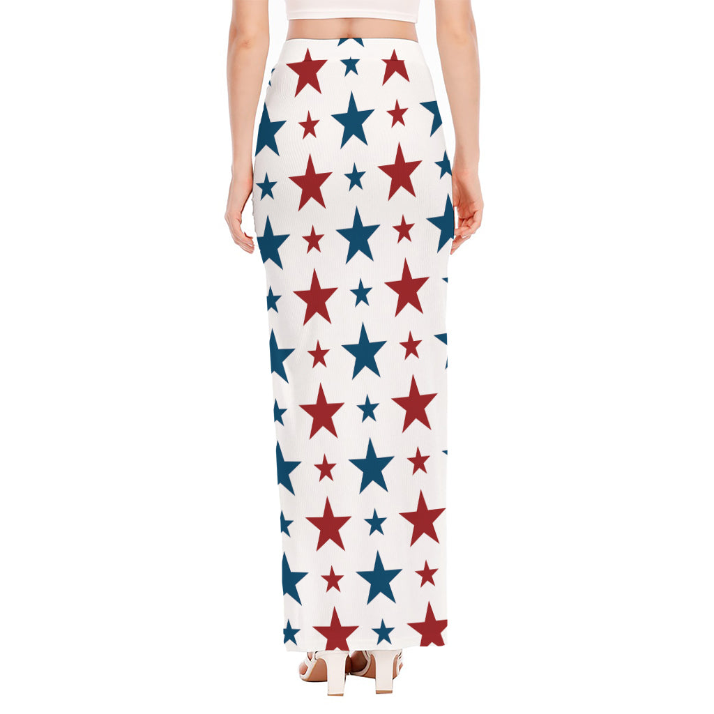 Red And Blue USA Star Pattern Print High Slit Maxi Skirt