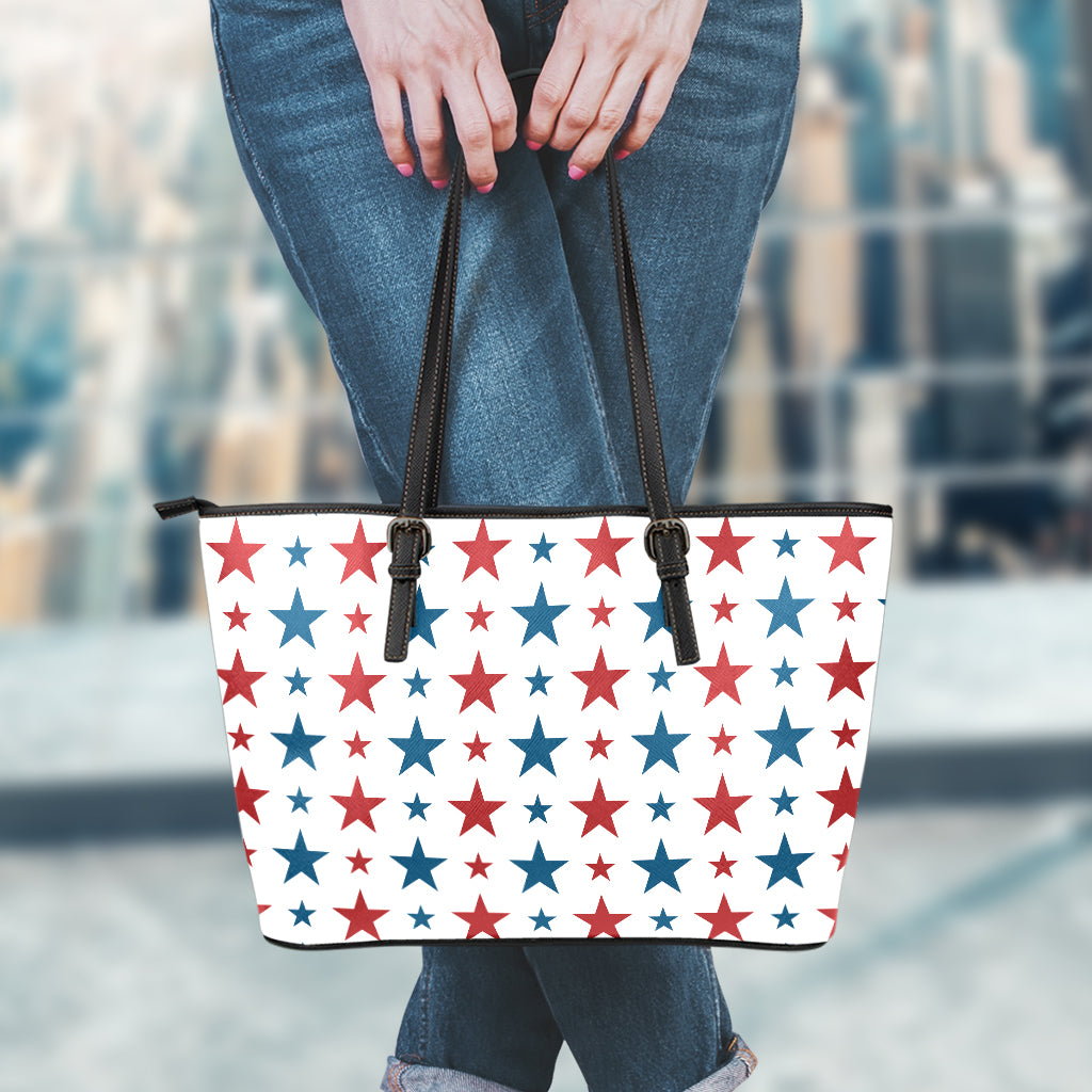 Red And Blue USA Star Pattern Print Leather Tote Bag