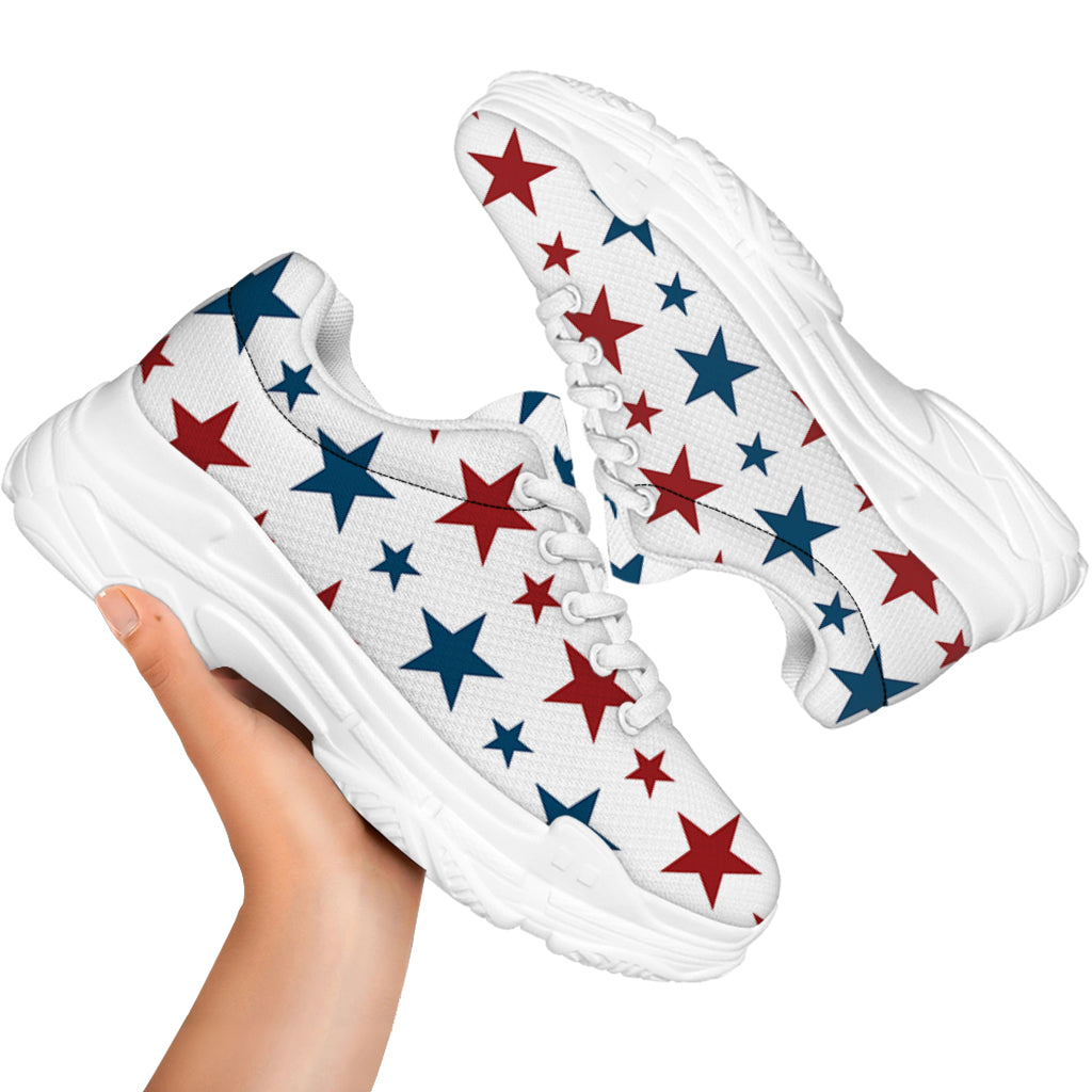 Red And Blue USA Star Pattern Print White Chunky Shoes