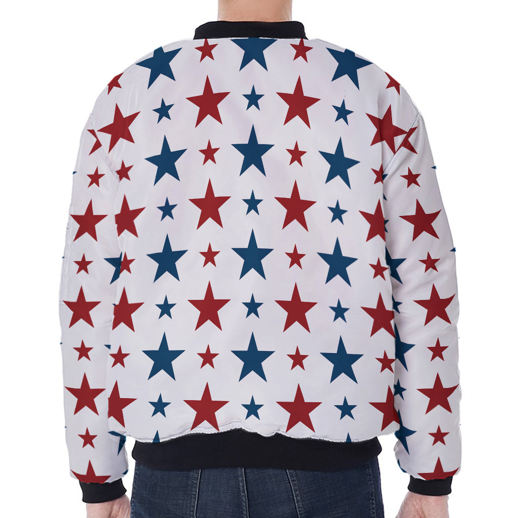 Red And Blue USA Star Pattern Print Zip Sleeve Bomber Jacket