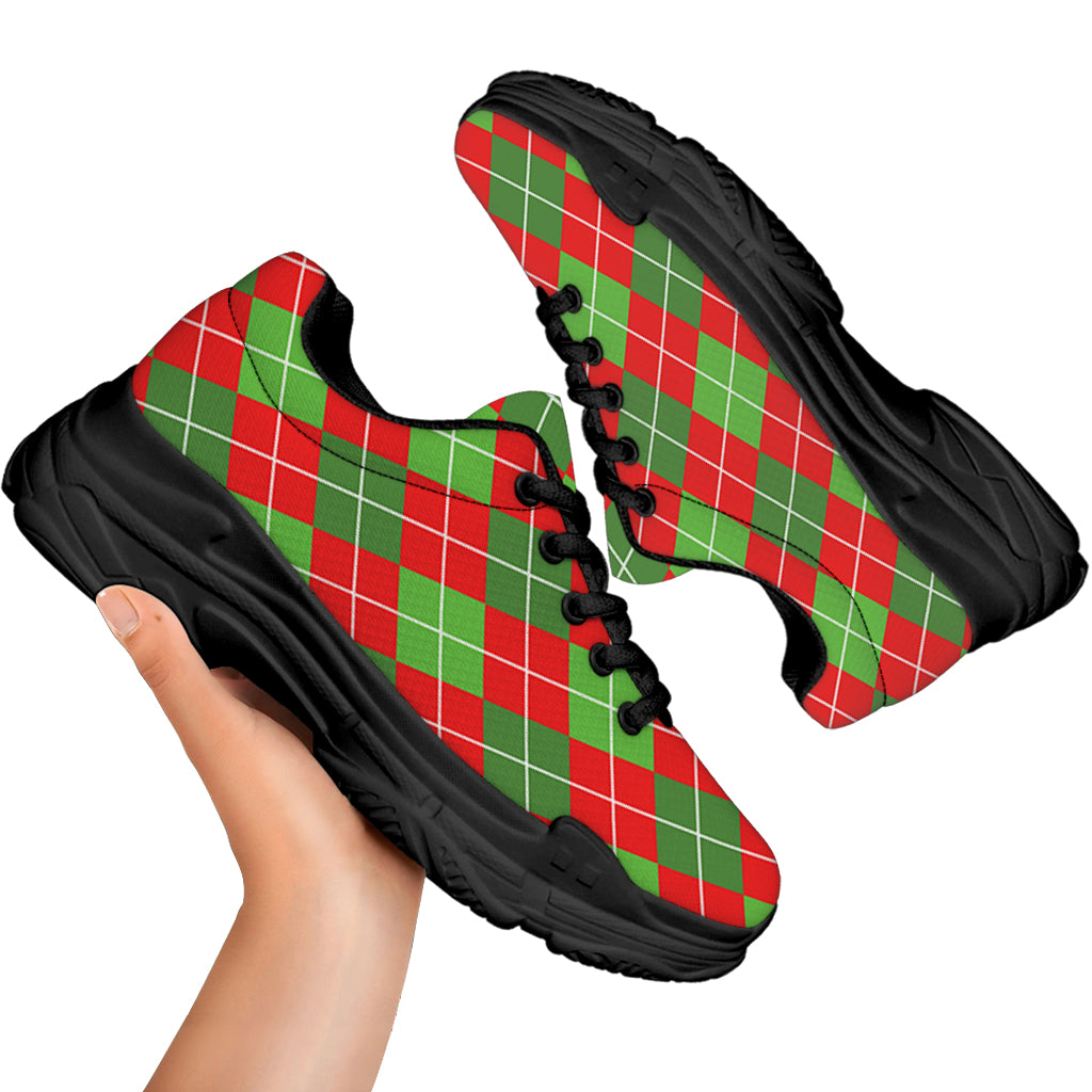 Red And Green Argyle Pattern Print Black Chunky Shoes
