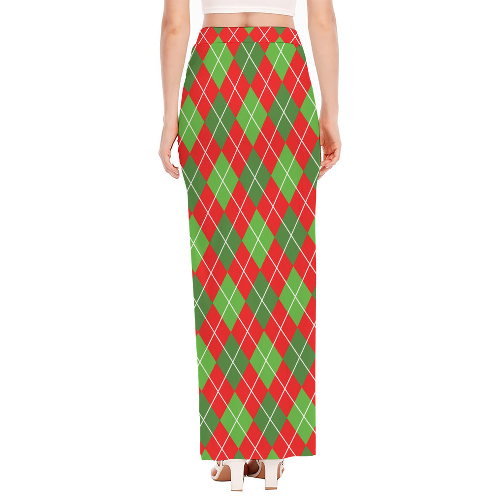 Red And Green Argyle Pattern Print High Slit Maxi Skirt