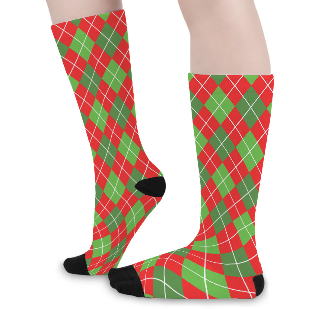 Red And Green Argyle Pattern Print Long Socks