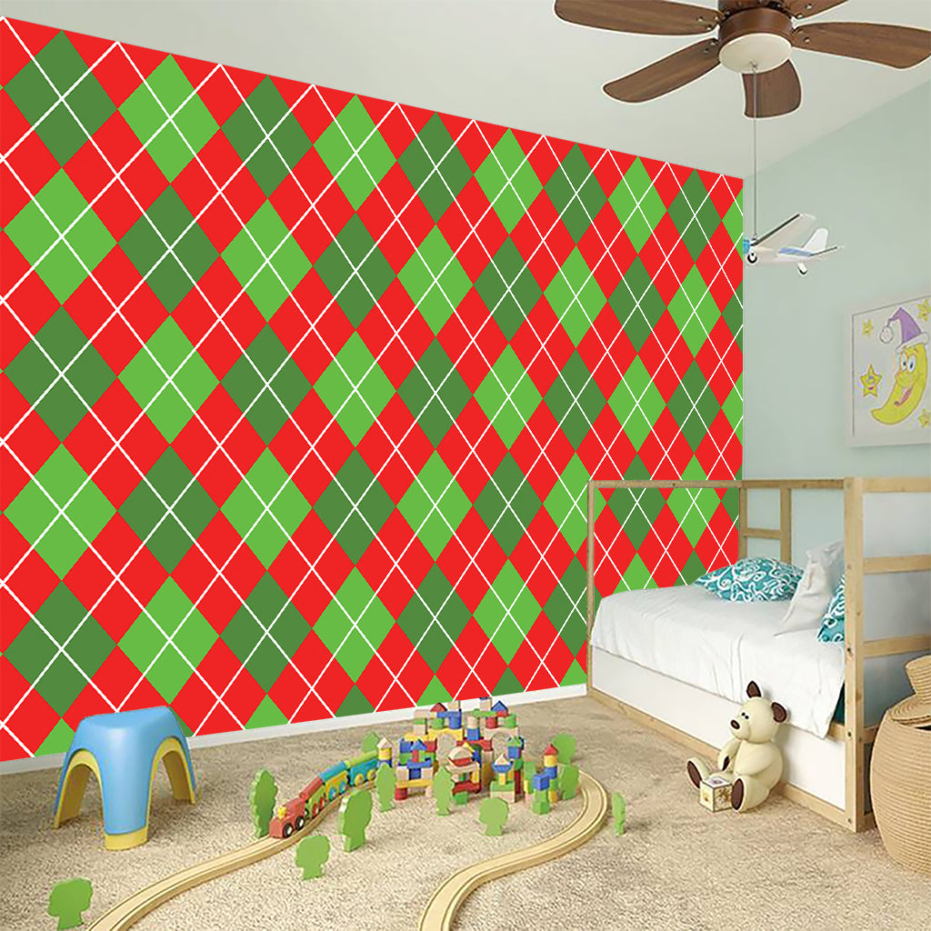Red And Green Argyle Pattern Print Wall Sticker