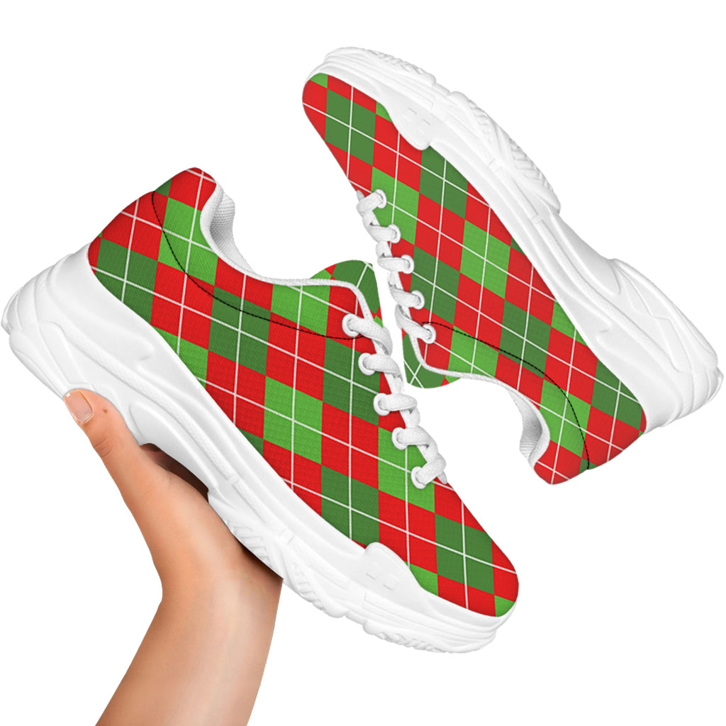 Red And Green Argyle Pattern Print White Chunky Shoes