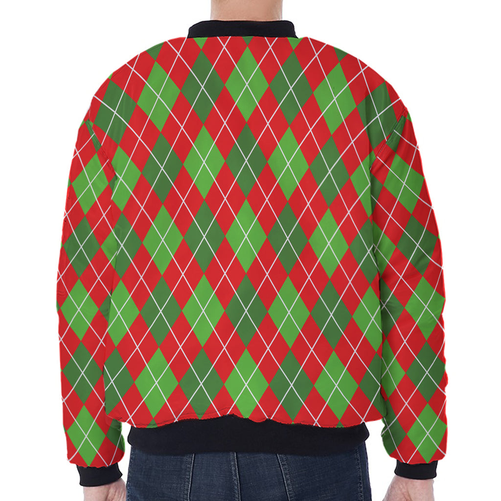 Red And Green Argyle Pattern Print Zip Sleeve Bomber Jacket