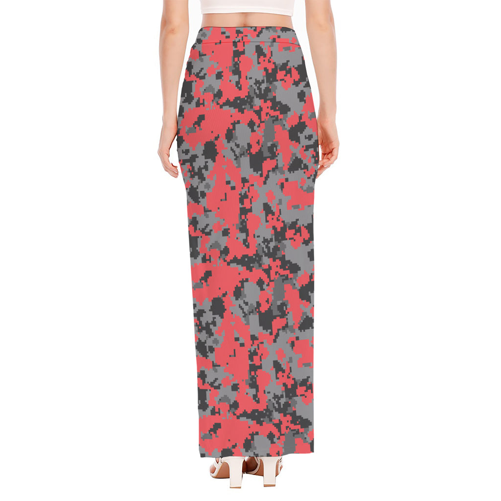 Red And Grey Digital Camo Pattern Print High Slit Maxi Skirt