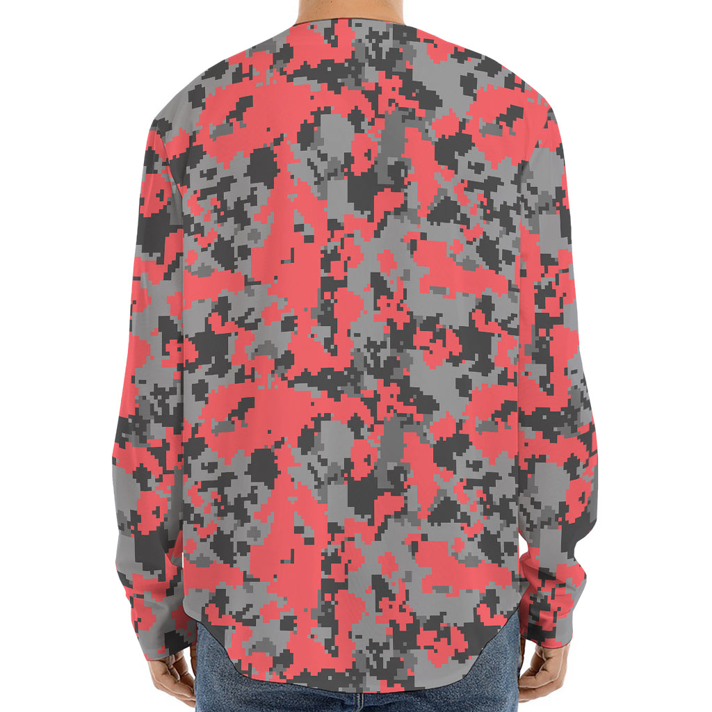 Red And Grey Digital Camo Pattern Print Long Sleeve Baseball Jersey