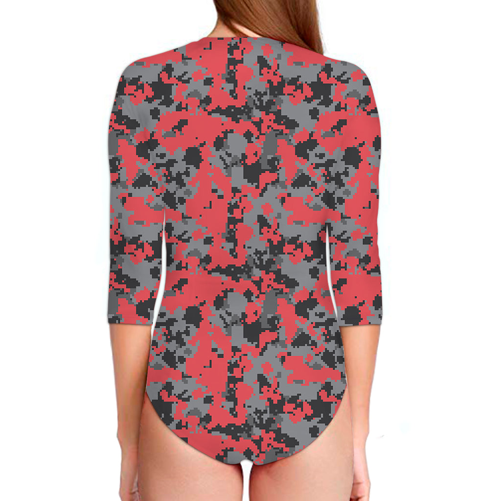 Red And Grey Digital Camo Pattern Print Long Sleeve Swimsuit